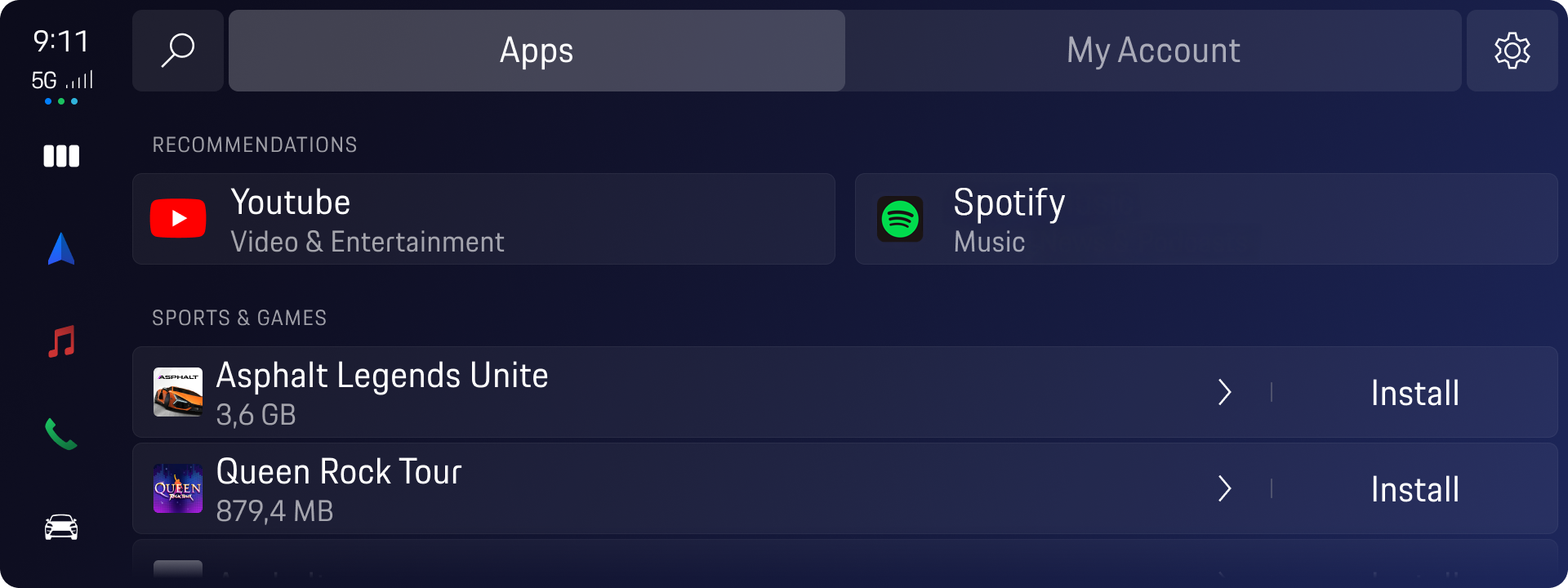 Car infotainment system app store screen showing recommended apps YouTube and Spotify, and install options for Asphalt Legends Unite and Queen Rock Tour games.