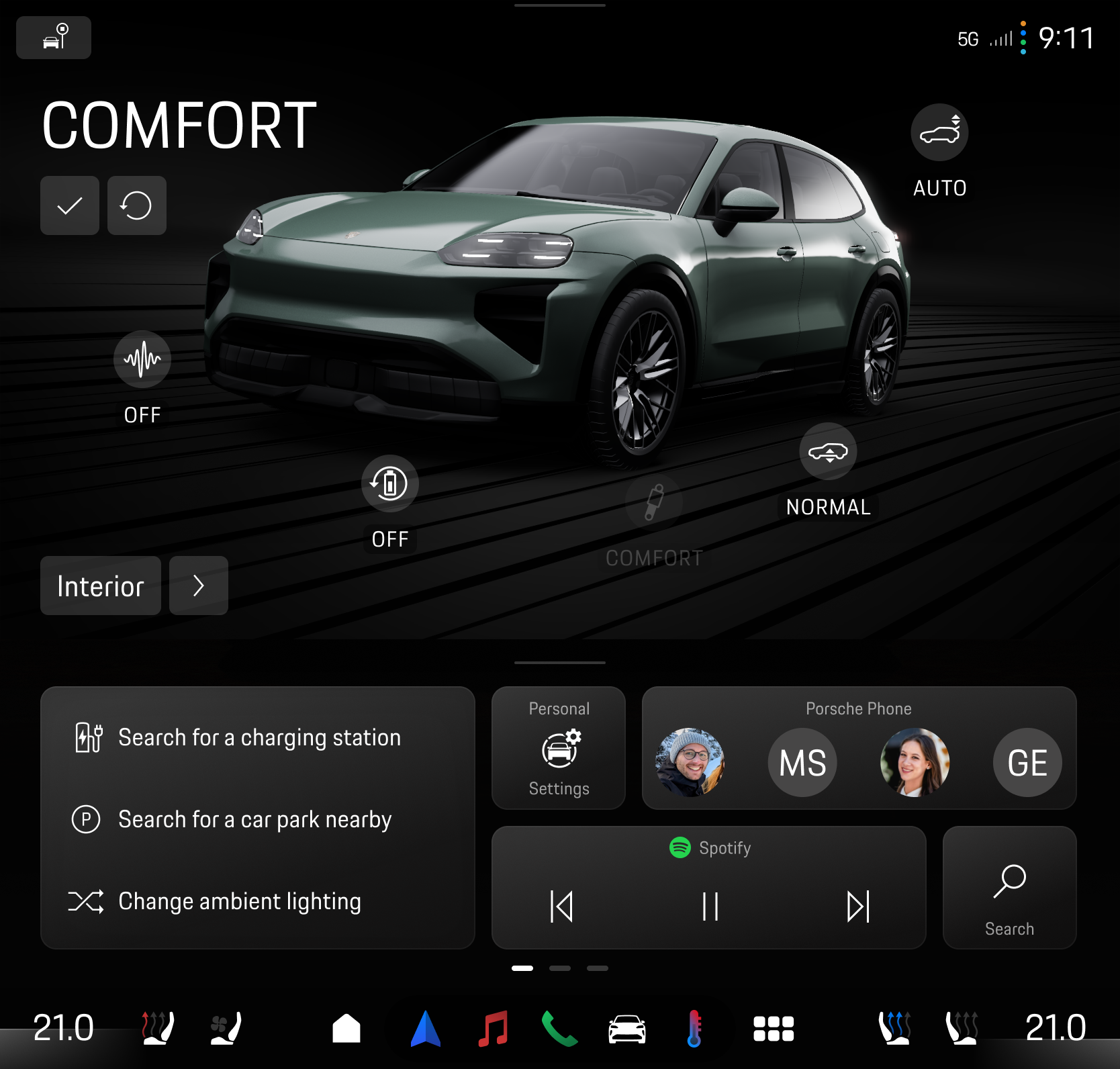Porsche Cayenne Electric central display showing Comfort mode with a 3D vehicle view, driving settings, and quick actions.