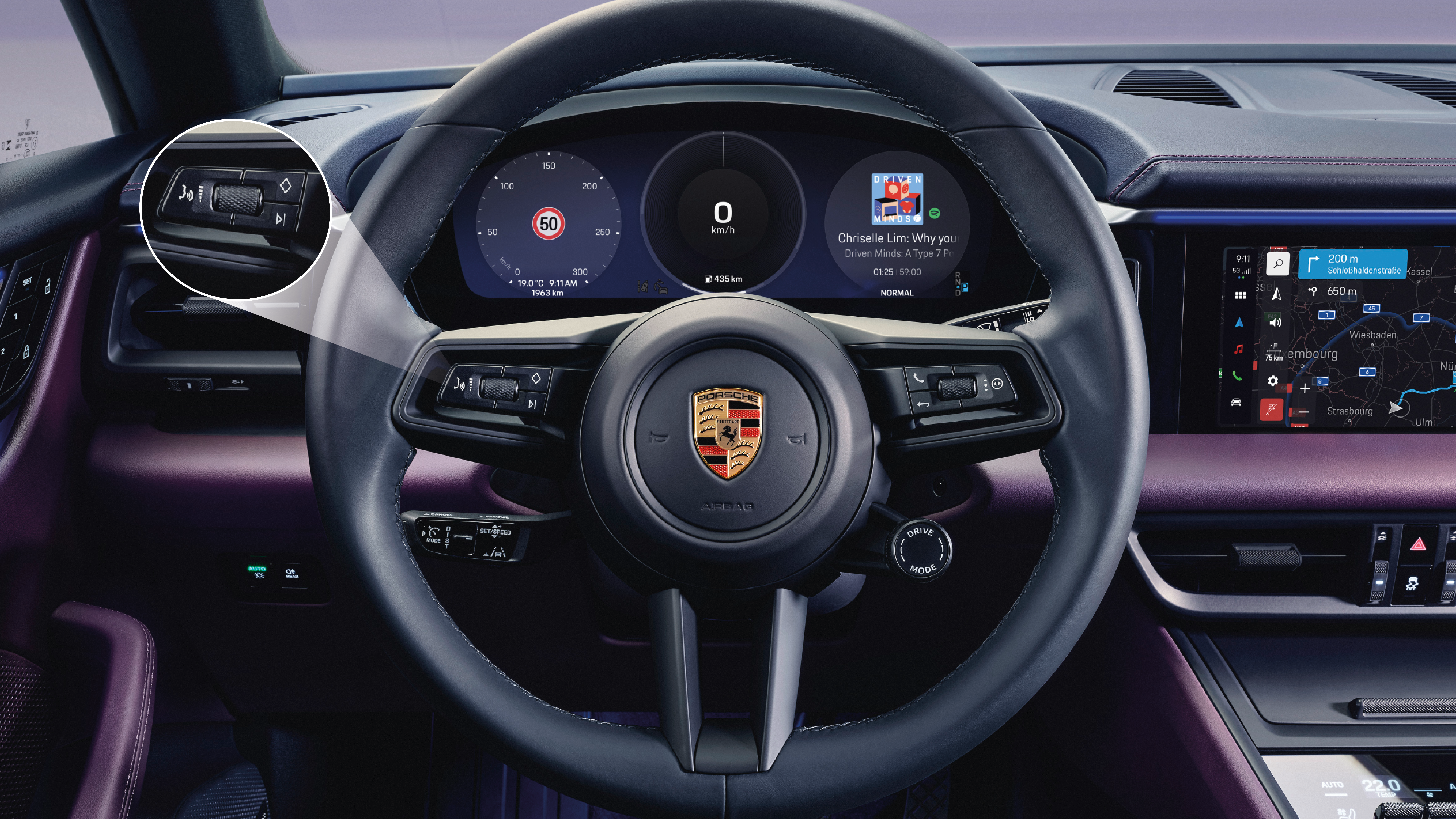 Porsche steering wheel with digital cockpit showing speedometer, navigation, and infotainment. Highlight on voice control button, AI-powered driver assistance, and smart car connectivity for enhanced driving experience.