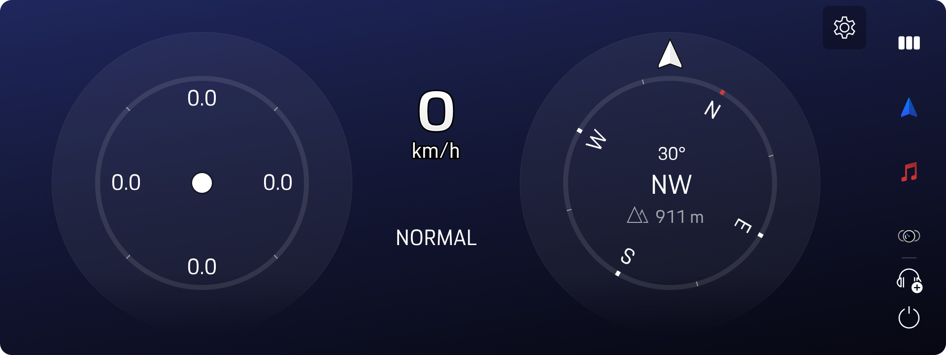 Digital dashboard interface showing speedometer at 0 km/h, compass indicating northwest (NW) direction at 30°, and elevation at 911 meters, in normal driving mode.