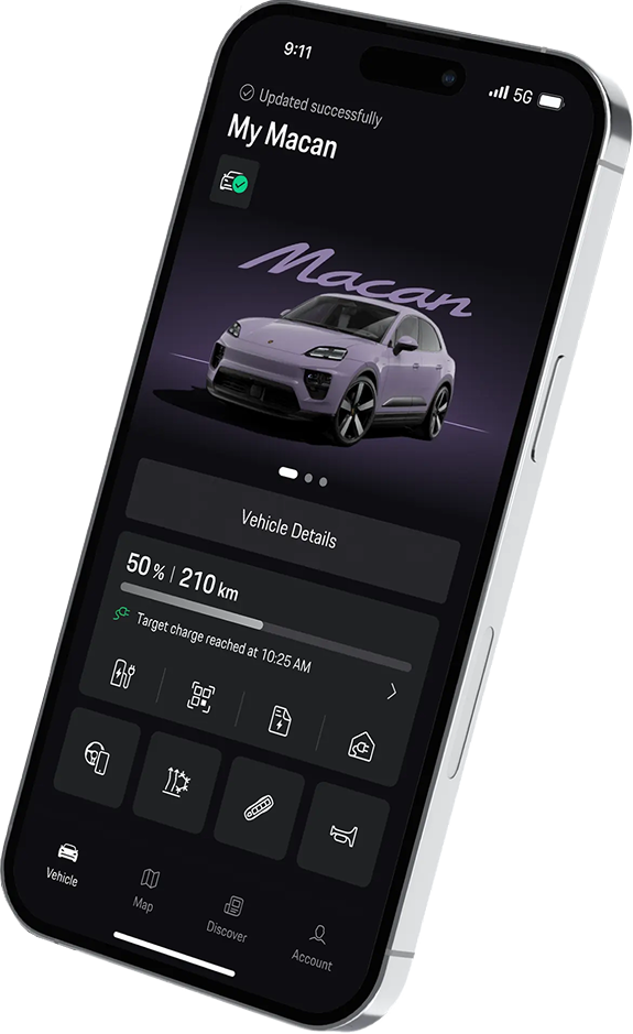 Smartphone showing Porsche My Macan app with EV status, charging details, and remote vehicle controls. Premium electric car connectivity, smart mobility, and digital tools for managing luxury electric SUV charging and range.