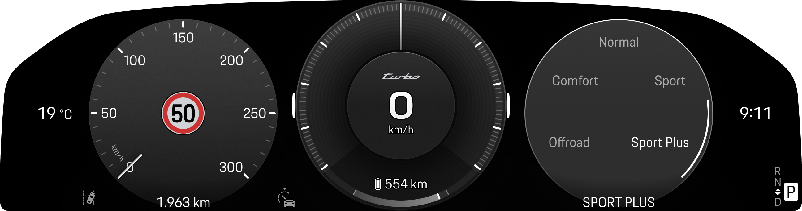 Cayenne Electric instrument cluster showing speed, driver assistance visualisation and media information.