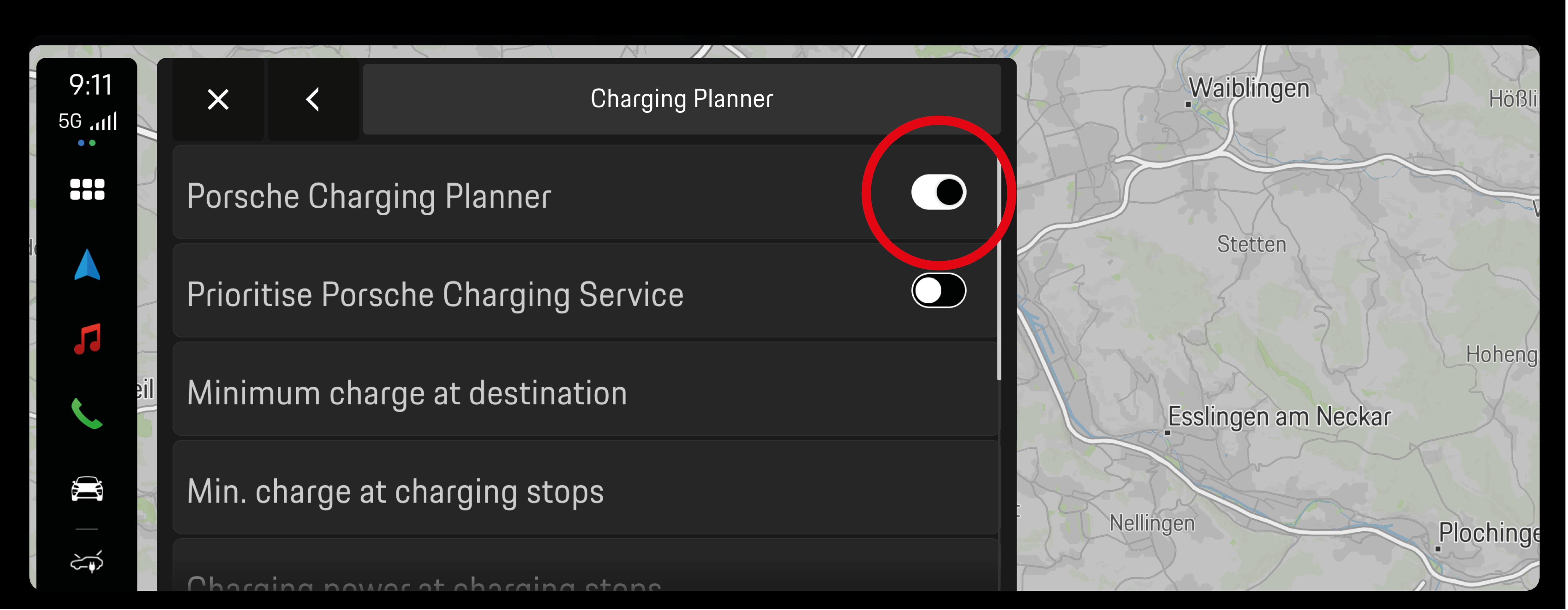 Porsche Charging Planner toggle switch in vehicle infotainment system settings with navigation map background