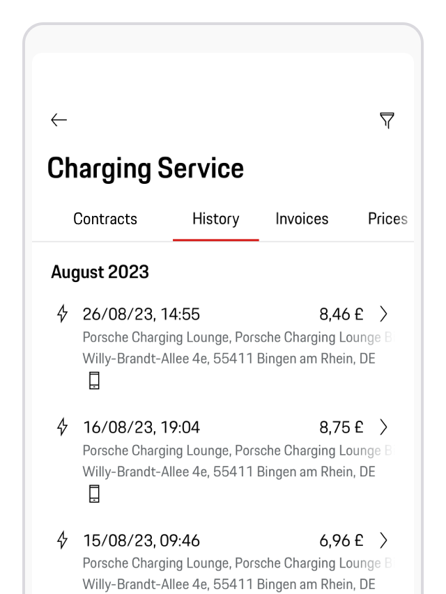 En oversikt over ladehistorikk i My Porsche-appen