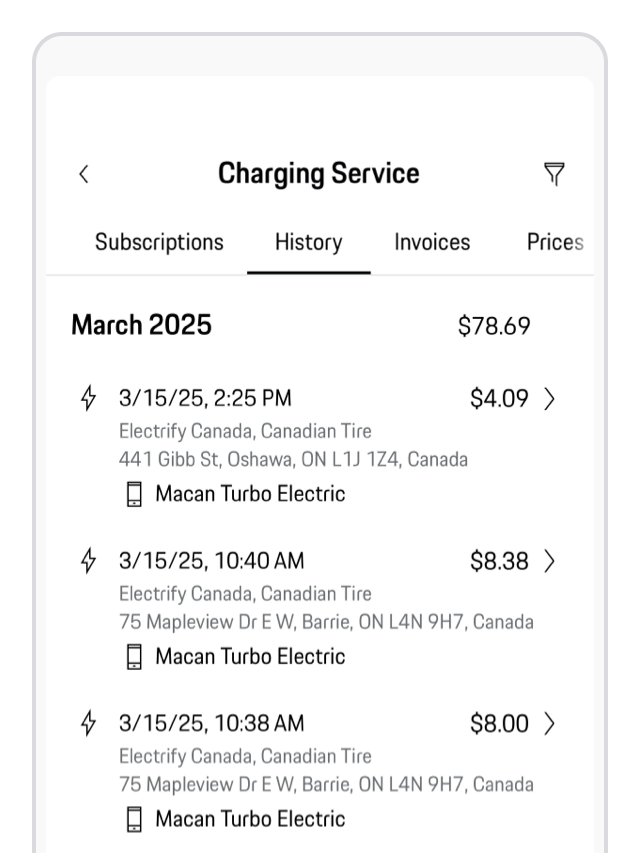 An overview of Porsche Charging History in the My Porsche app