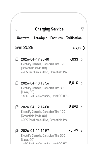 Aperçu de l'historique de recharge Porsche dans l'application My Porsche