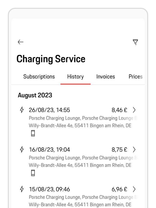 Una descripción general del historial de carga de Porsche en la aplicación My Porsche.