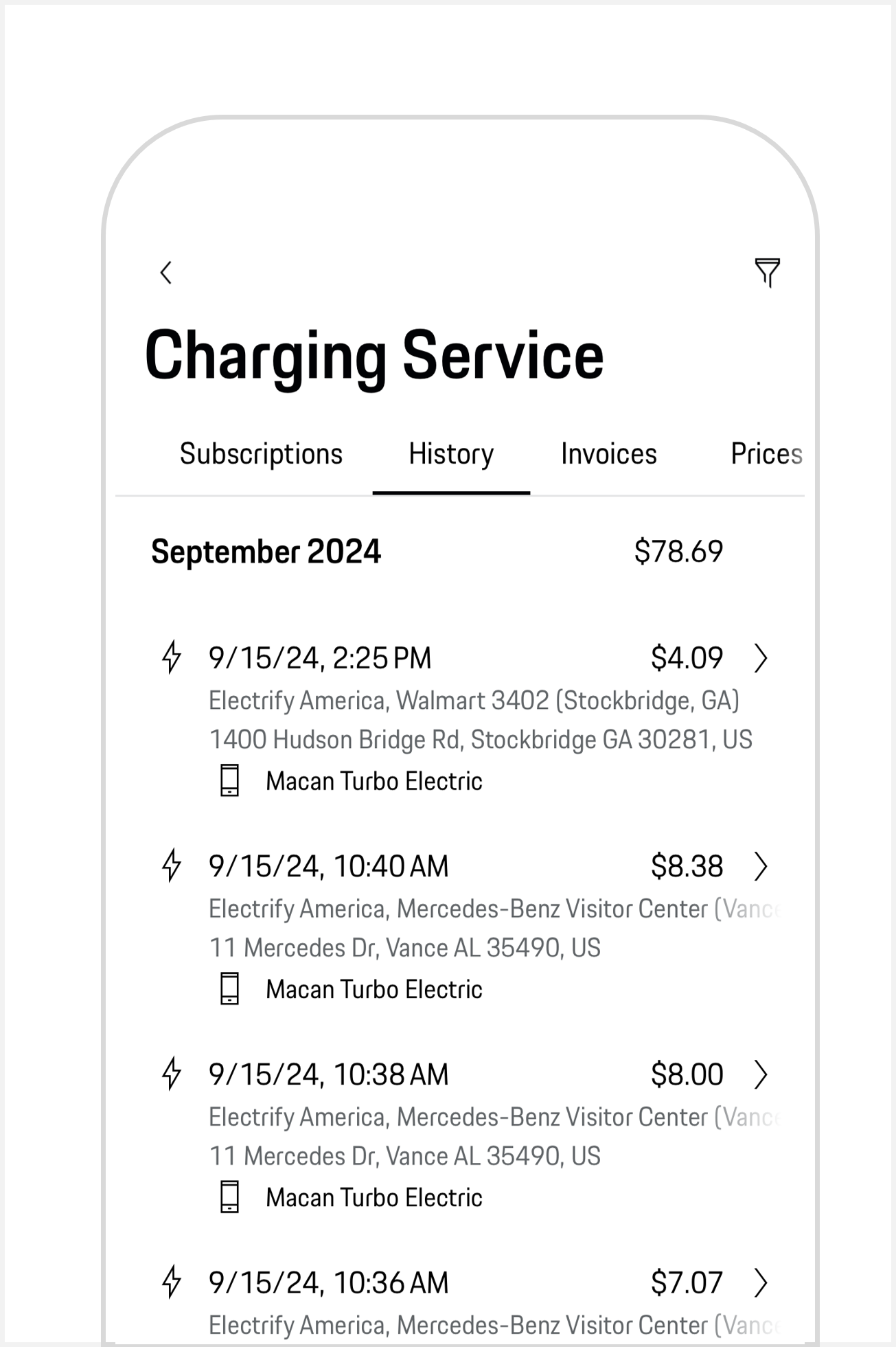 An overview of Porsche Charging History in the My Porsche app