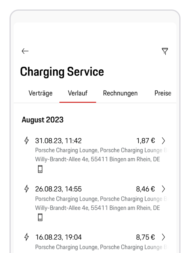 Eine Übersicht über die Porsche Ladevorgänge in der My Porsche App.