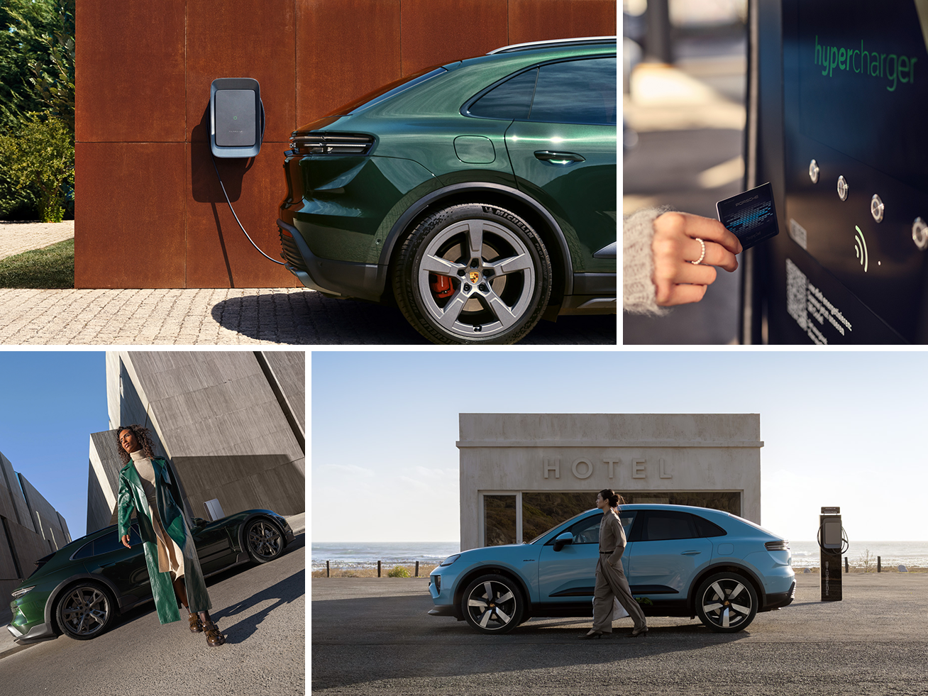 Un SUV Porsche eléctrico verde cargando en una estación moderna mientras un viajero con maleta pasa por allí. Movilidad eléctrica premium, diseño de lujo y solución de carga sostenible para viajes de negocios y ocio.