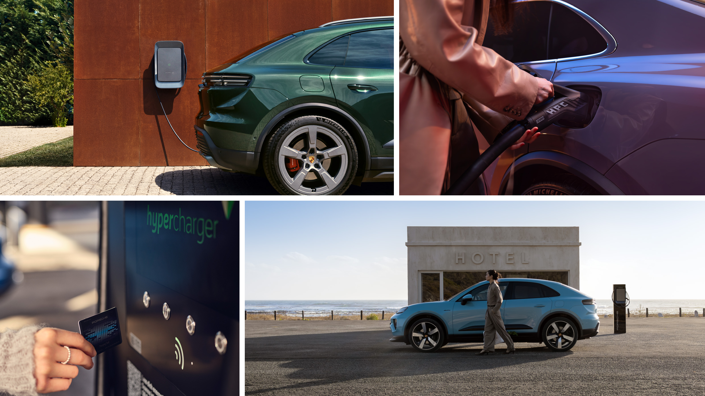 Porsche electric cars charging at urban and hotel EV stations with fast HPC chargers and RFID card access. Premium electric mobility ecosystem combining luxury design, sustainable travel, and convenient fast-charging solutions