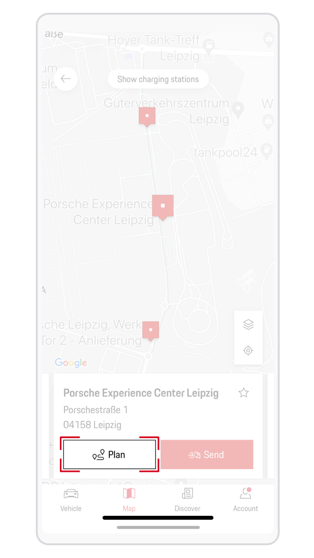 Routeplanning in mijn Porsche-app knop plan