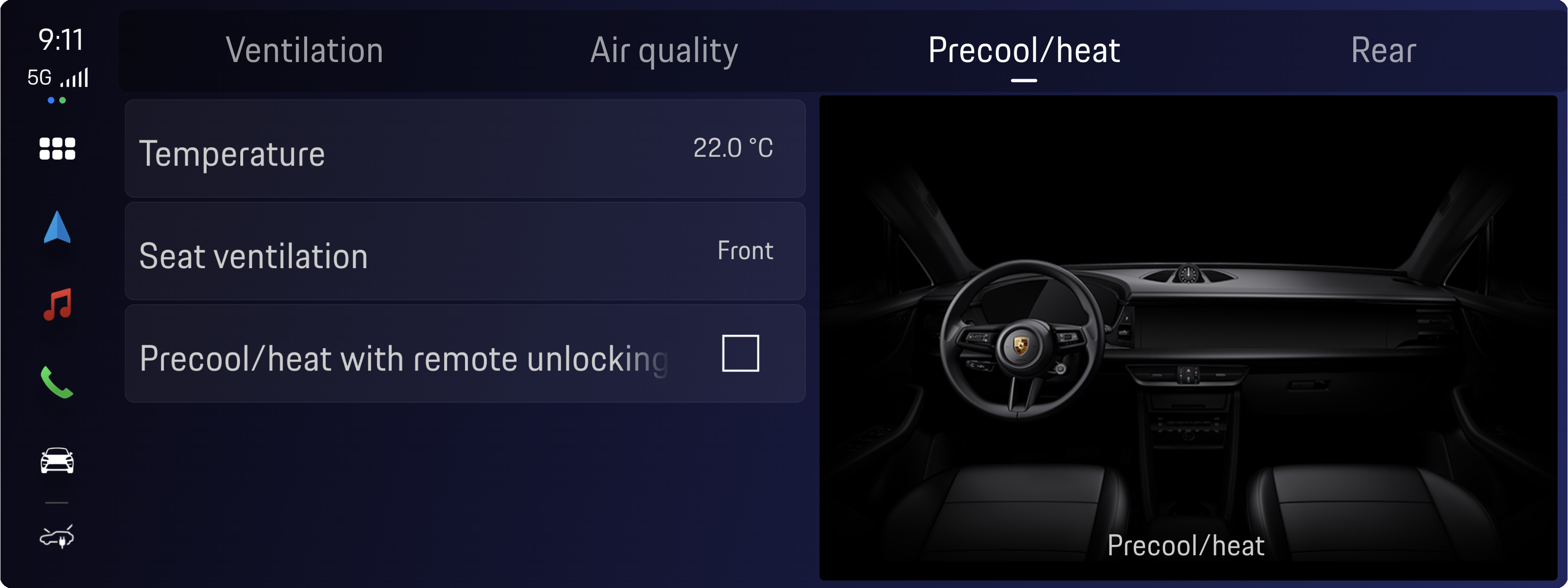 Porsche EV infotainment screen showing climate control with pre-cool and heating options, seat ventilation, and remote access. Smart electric car technology for comfort, connectivity, and premium driving experience.