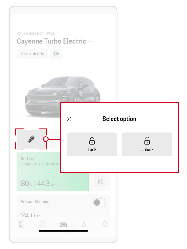 Zrzut ekranu pokazujący, jak zdalnie zablokować i odblokować Porsche w aplikacji My Porsche 