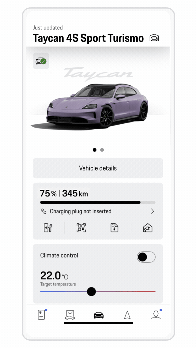 Schermafbeelding die laat zien hoe u uw Porsche op afstand kunt vergrendelen en ontgrendelen in de My Porsche-app