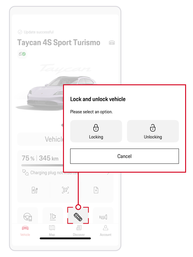 Captura de ecrã que mostra como trancar e destrancar remotamente o seu Porsche na aplicação My Porsche