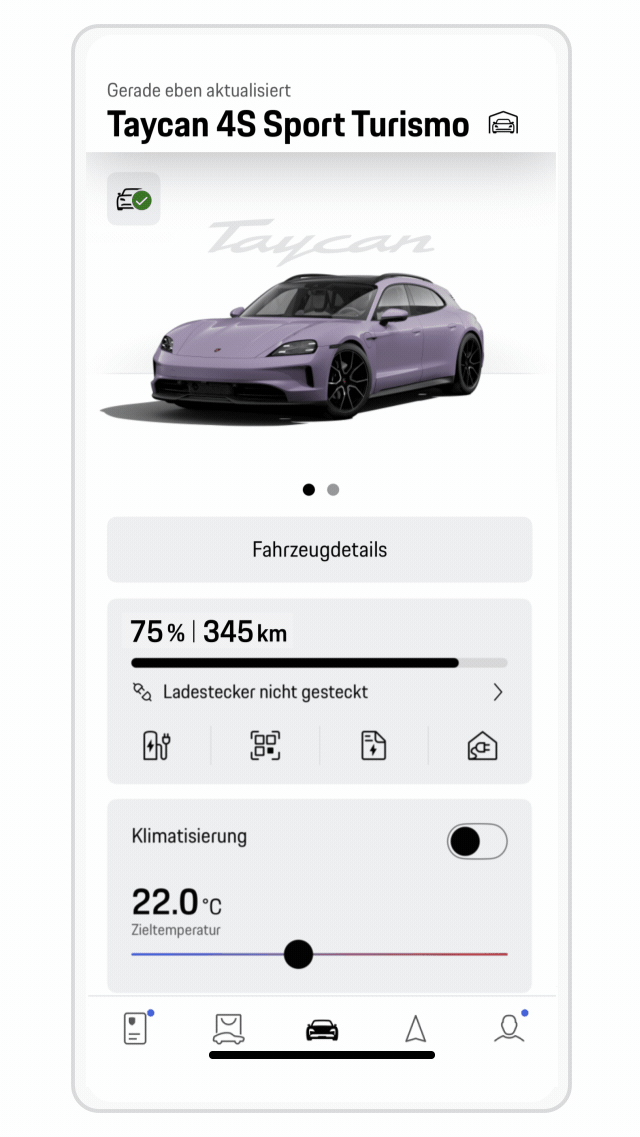 Screenshot, der zeigt, wie Sie Ihren Porsche in der My Porsche App aus der Ferne ver- und entriegeln können  