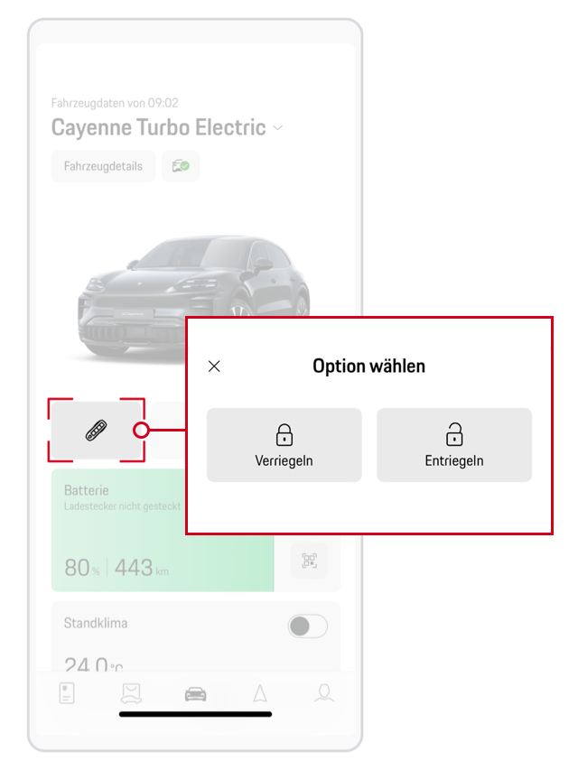 Screenshot, der zeigt, wie Sie Ihren Porsche in der My Porsche App aus der Ferne ver- und entriegeln können  