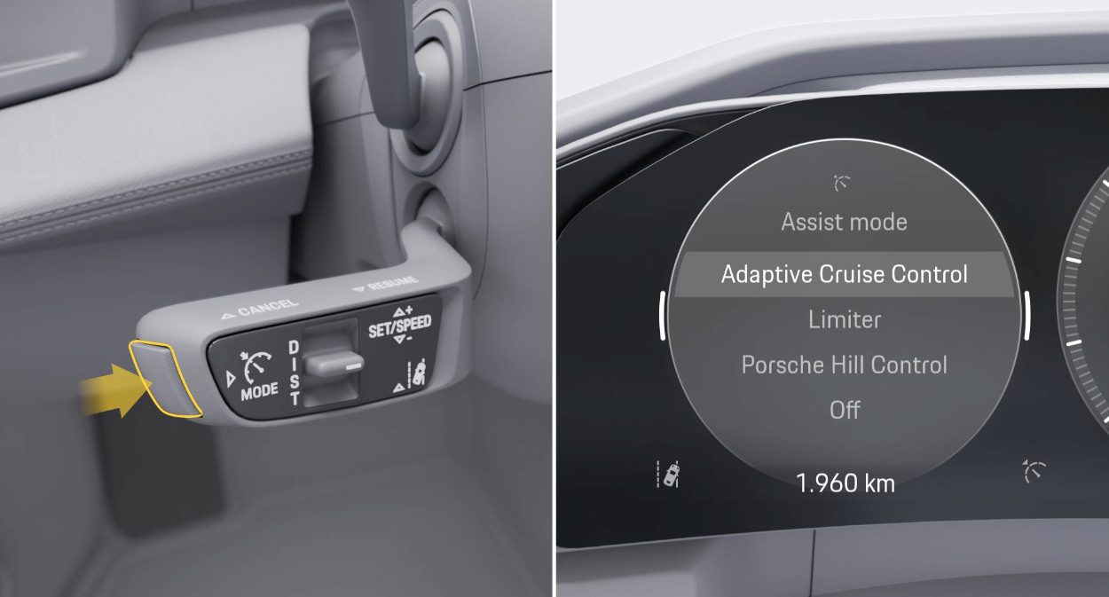 Driver assistance control lever in the Cayenne Electric with buttons for Adaptive Cruise Control, speed setting and distance adjustment.