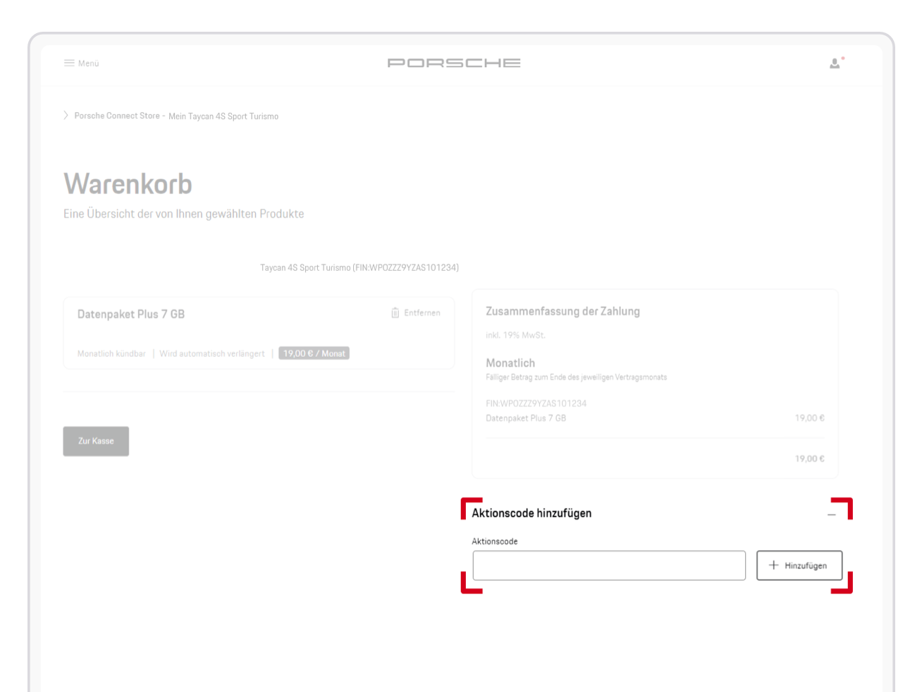 Redeeming a Porsche Connect promotional code in the shopping cart