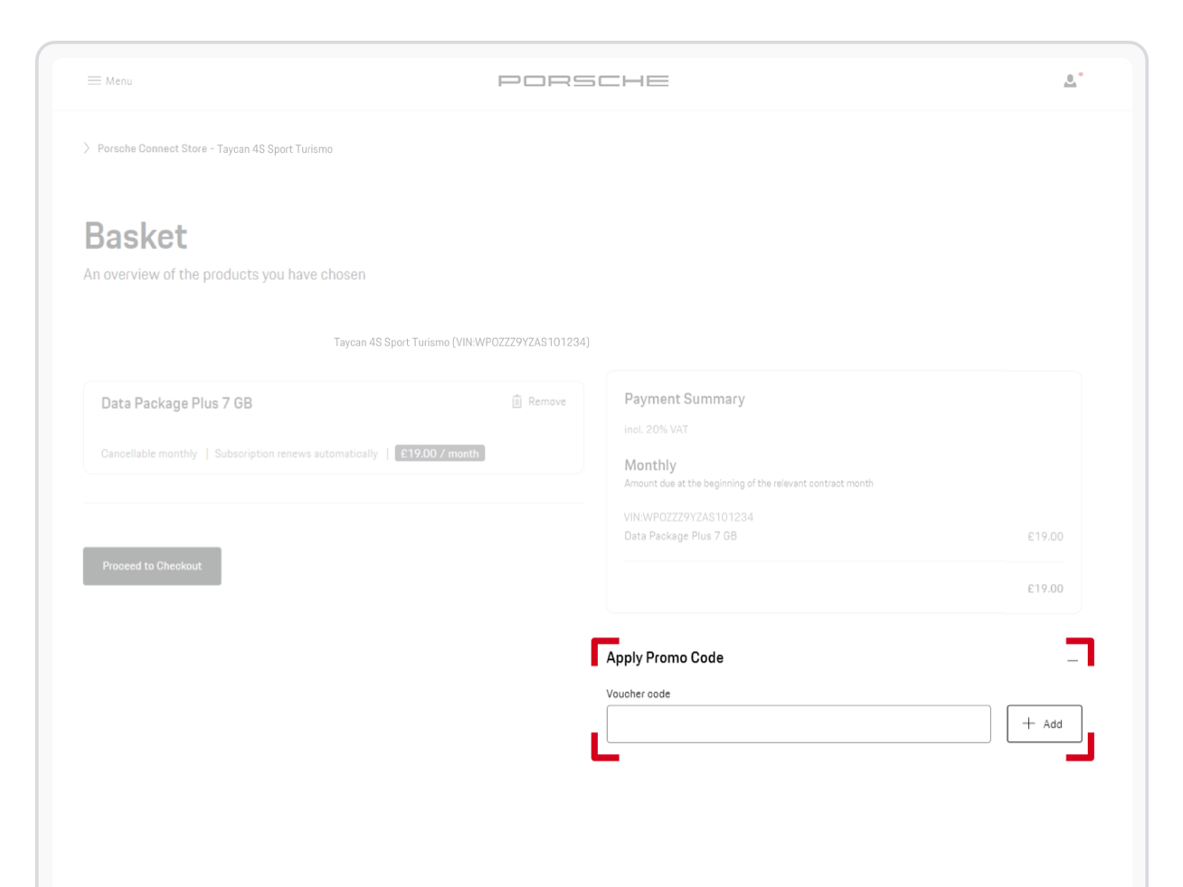 Redeeming a Porsche Connect promotional code in the shopping basket