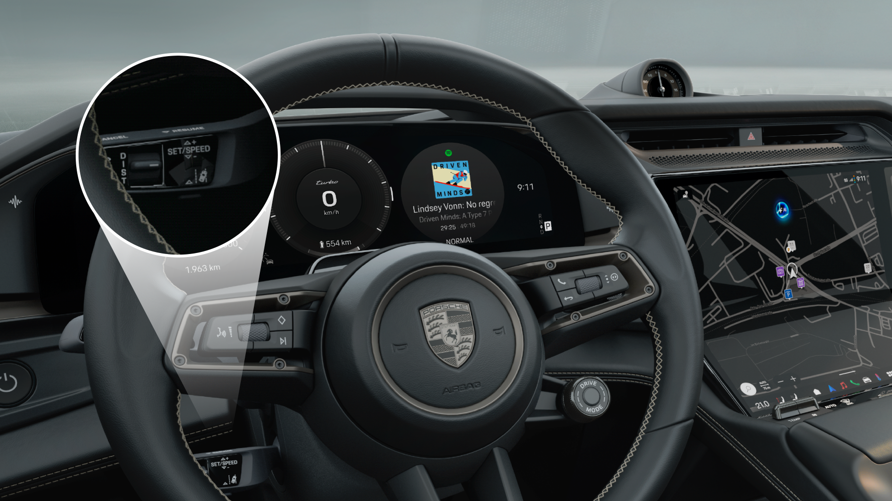 Porsche steering wheel with the Driver Assistance Control Lever highlighted.
