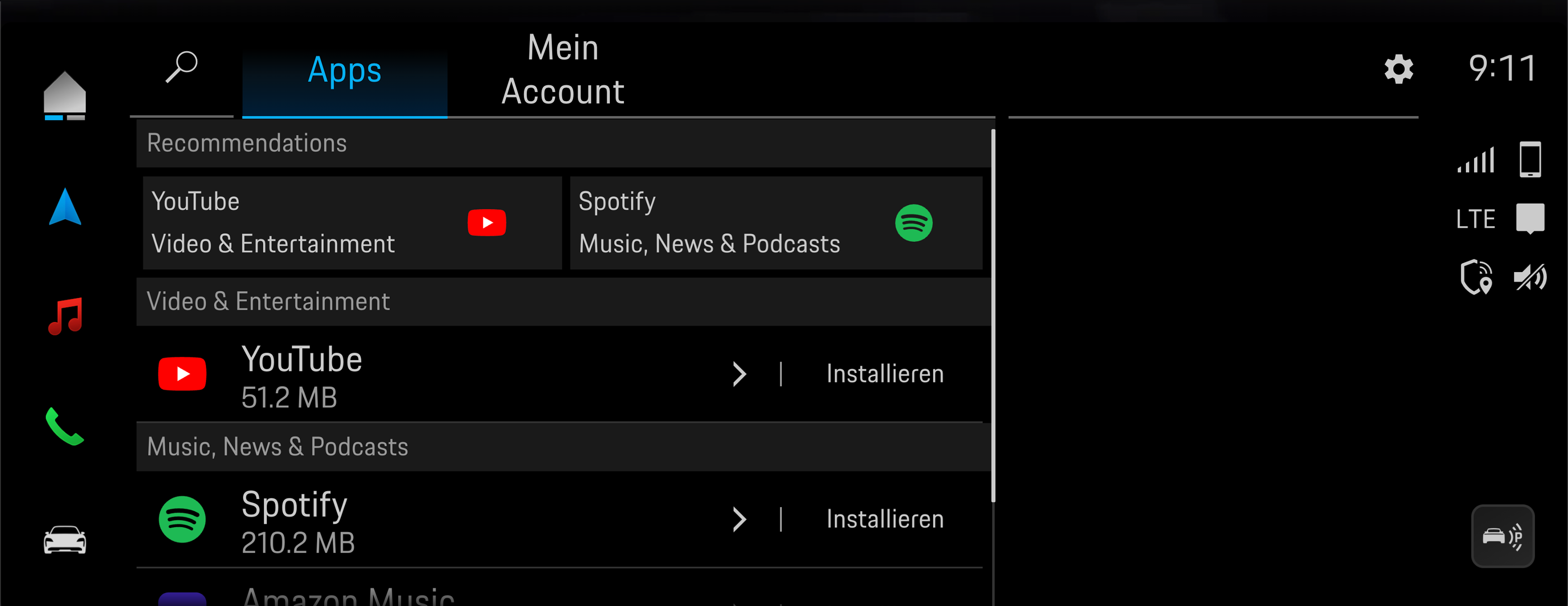 Car infotainment system app store screen showing recommended apps YouTube and Spotify, and install options for Asphalt Legends Unite and Queen Rock Tour games.