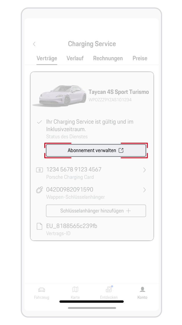 Informationen zum Porsche Charging Service Vertrag in der My Porsche App