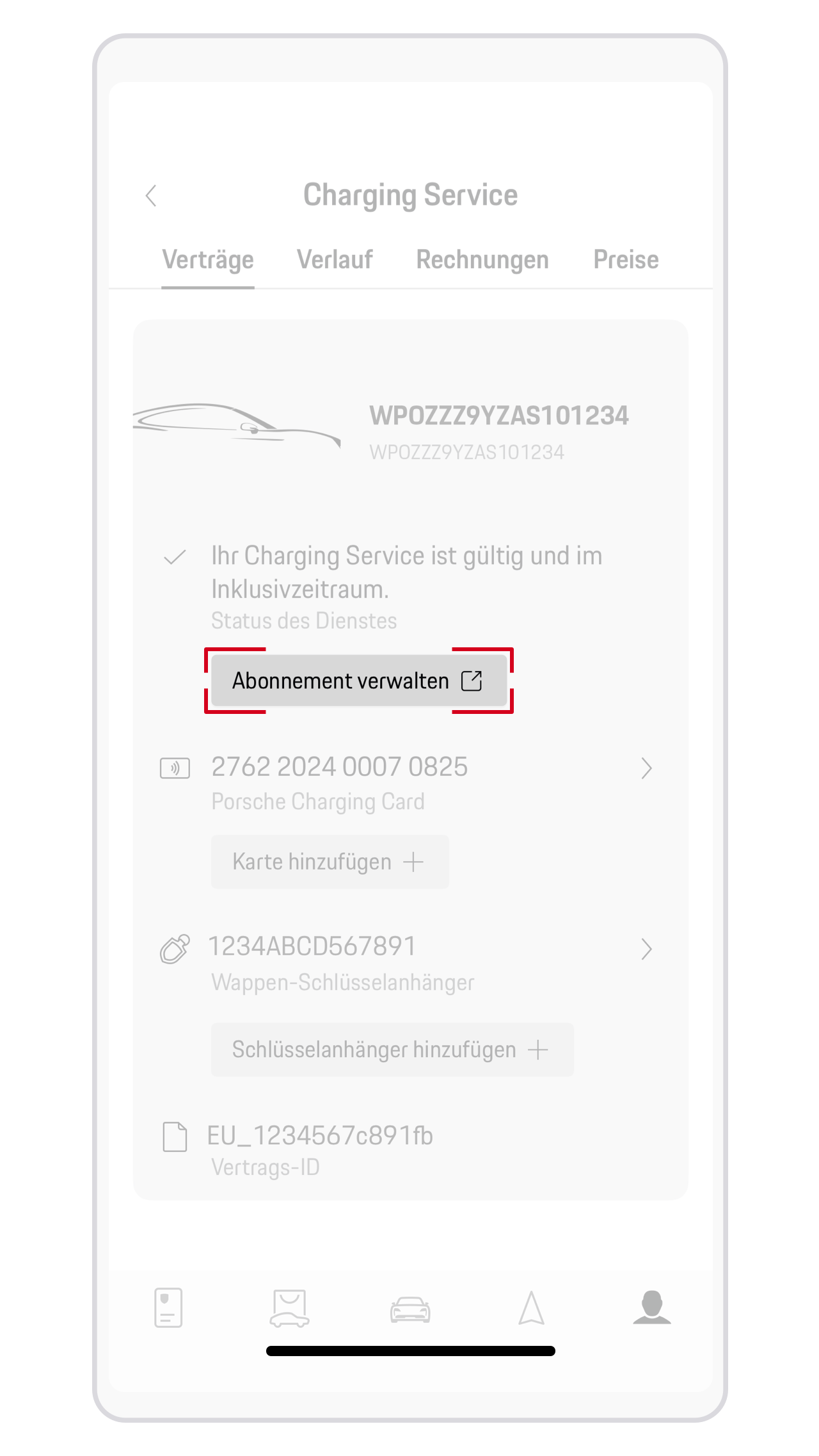 Informationen zum Porsche Charging Service Vertrag in der My Porsche App