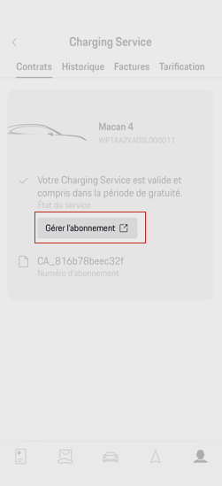 Contrat de service Charging Service de l'application My Porsche