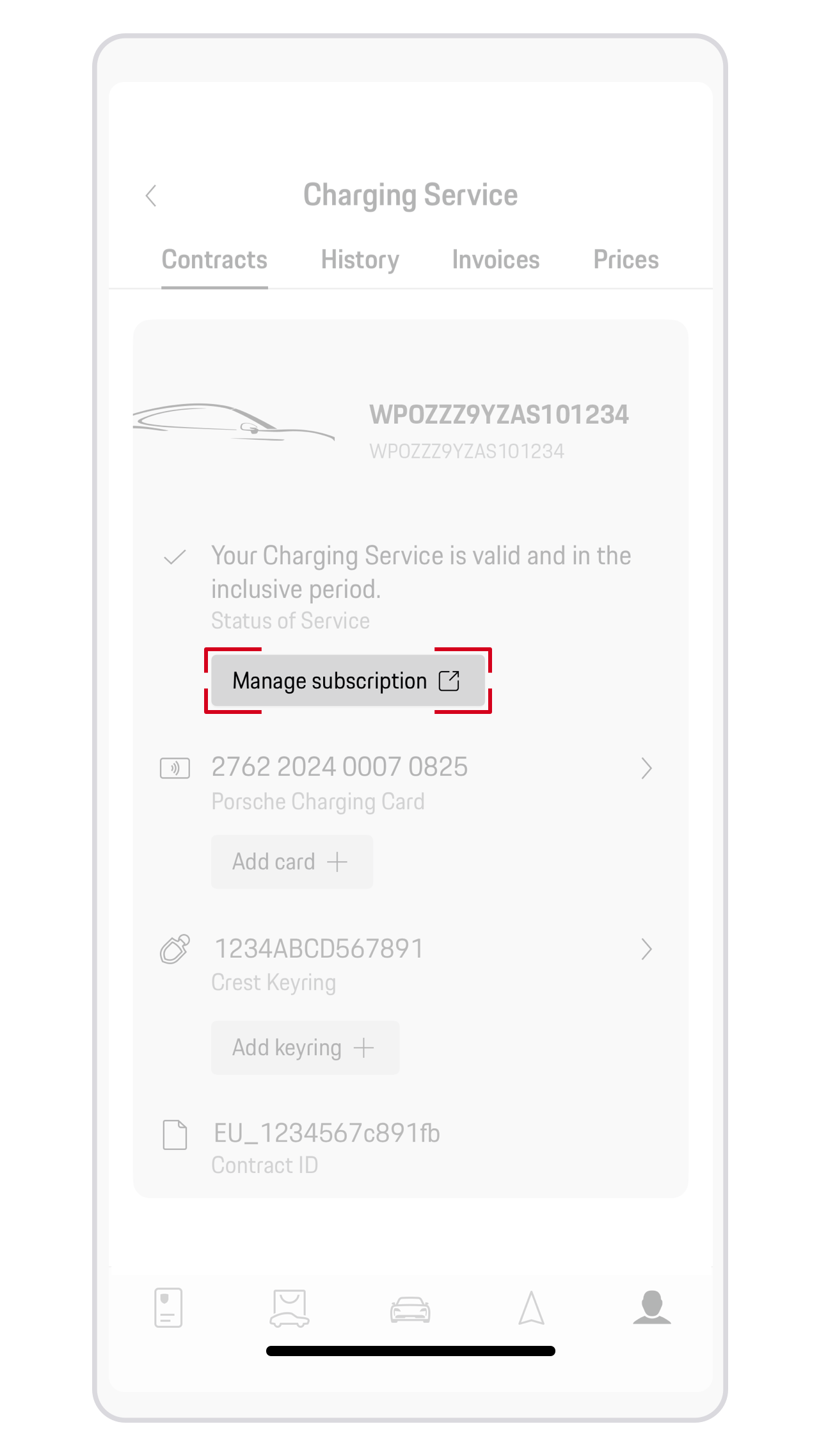 My Porsche app Charging Service Contract