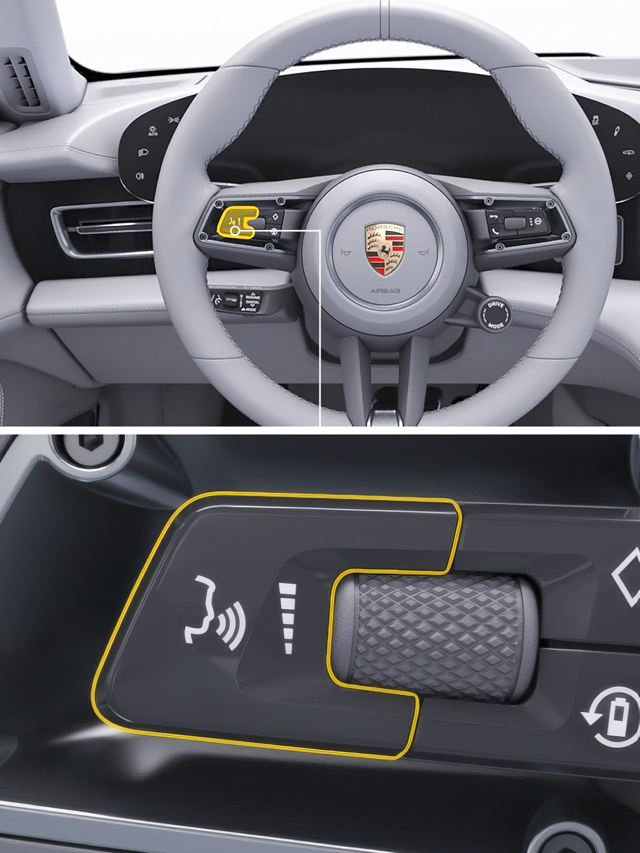 Image of a Porsche steering wheel with an arrow pointing to the Android Auto Voice Control button.
