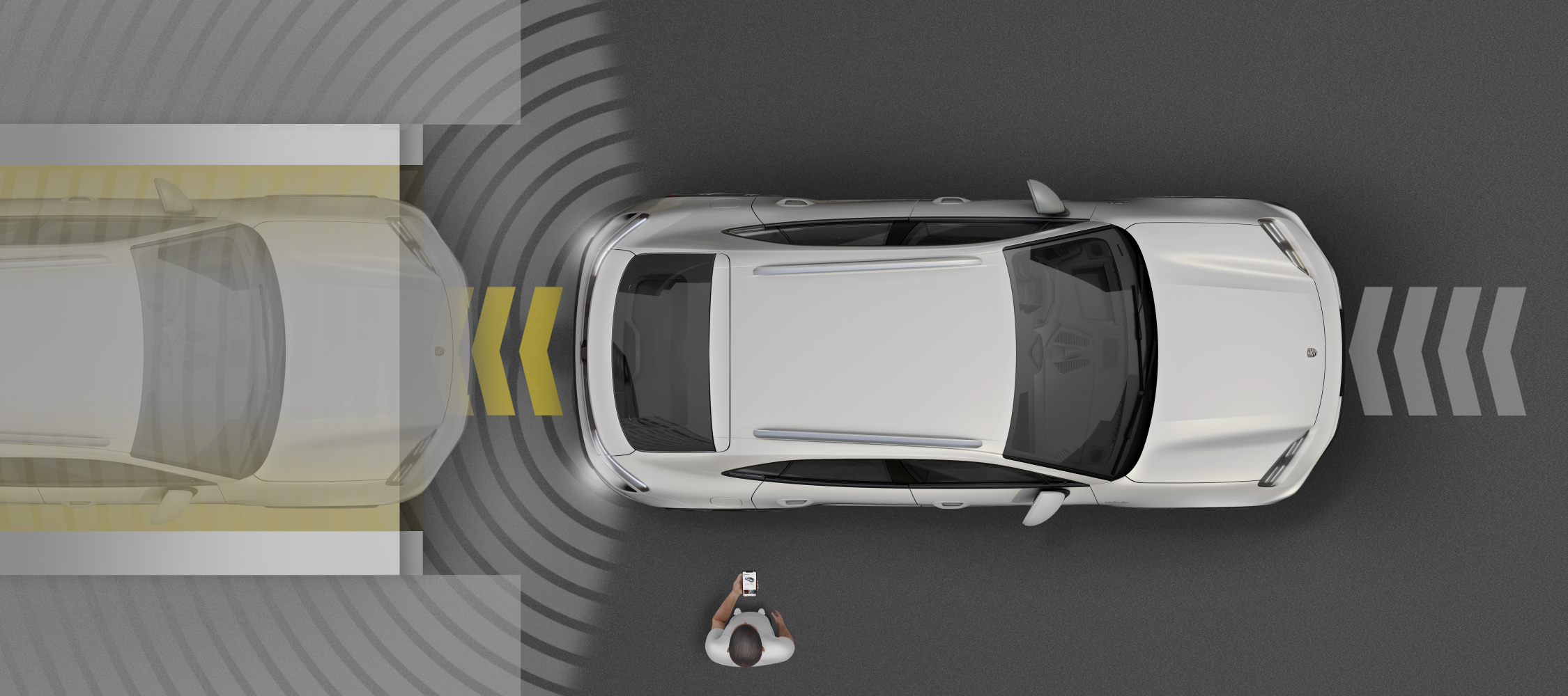Remote Park Assist erweitert die Parkfunktionen um die Möglichkeit, Ein- und Ausparkmanöver per Smartphone außerhalb des Fahrzeugs durchzuführen. 
