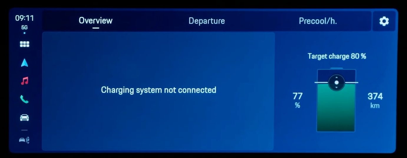 Electric car infotainment screen showing charging system not connected, battery at 77% with 374 km range, target charge 80%. Smart EV dashboard for range monitoring, charging status, and digital driving experience.